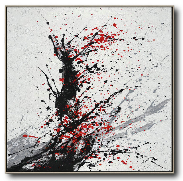 Extra Large Painting,Minimalist Drip Painting On Canvas, Black, White, Grey, Red - Hand Painted Acrylic Painting